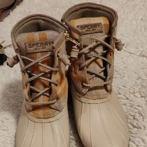 Sperry Tan and Yellow Plaid Duck Boots